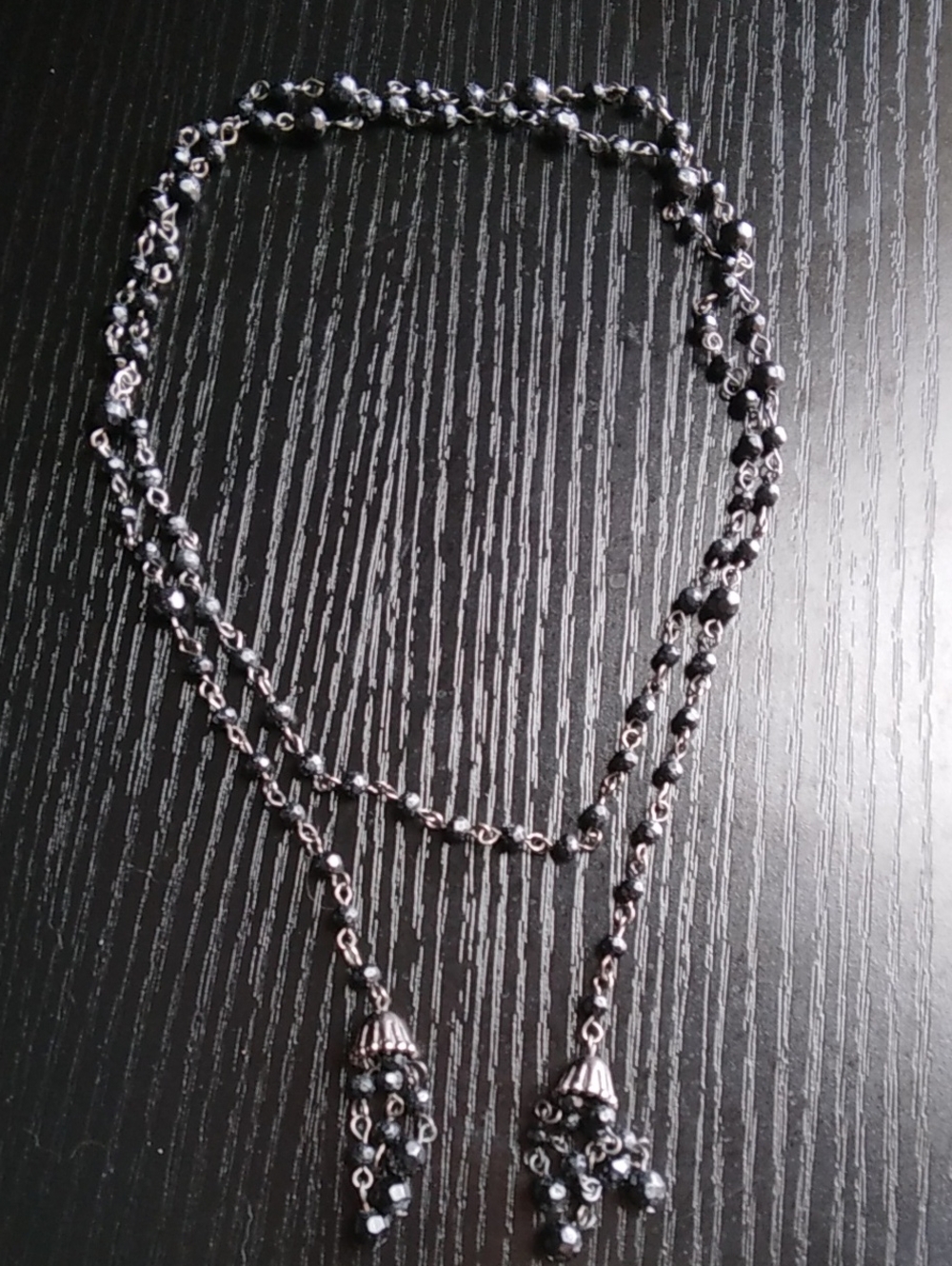 Vintage Black Beaded Lariat Wrap Necklace Dark Silver